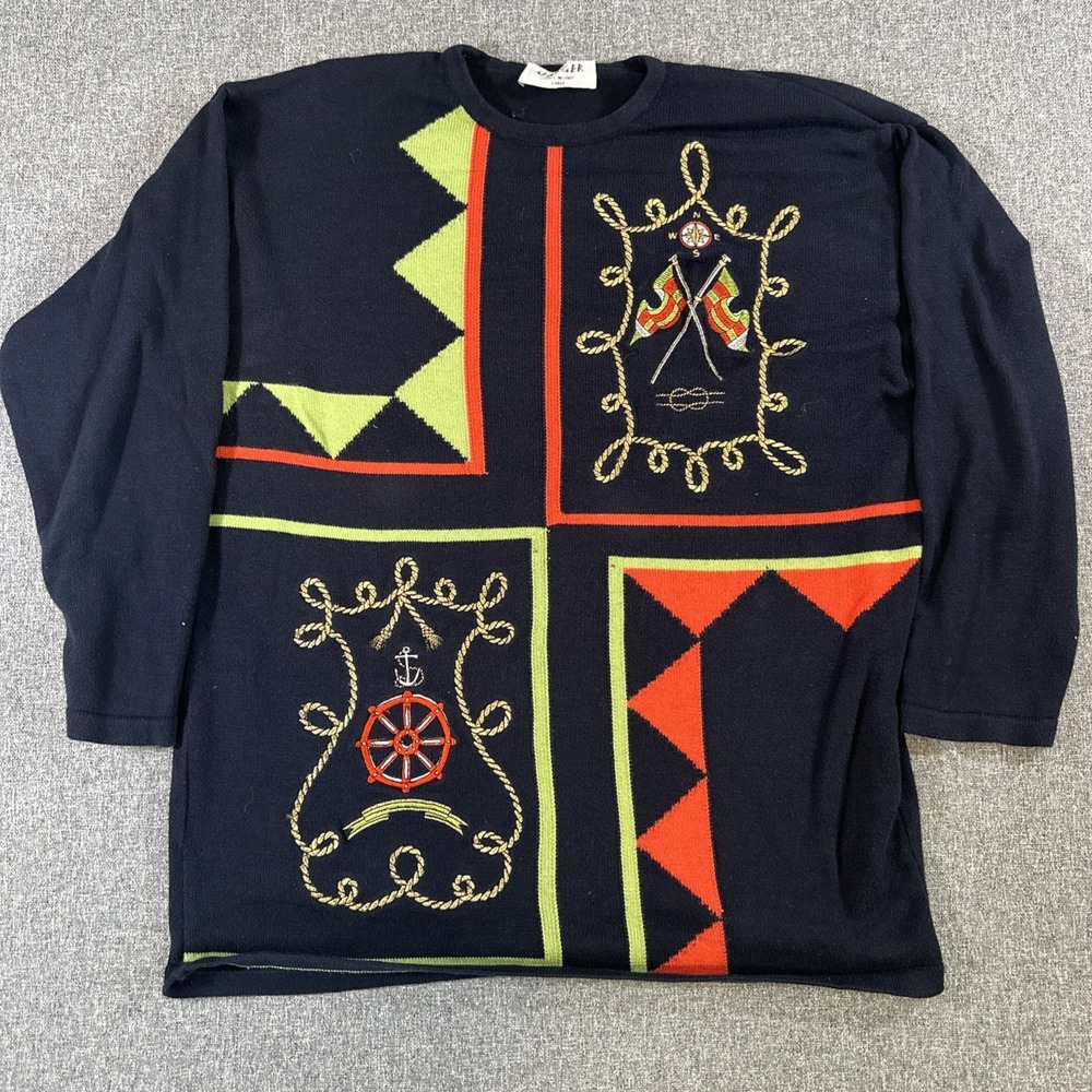 Vintage Jaeger Italy Cotton Knit‎ Sweater Large Nautical Embroidered Made Italy